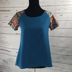 Teal Better Be top with sequinned sleeves Sz Sm